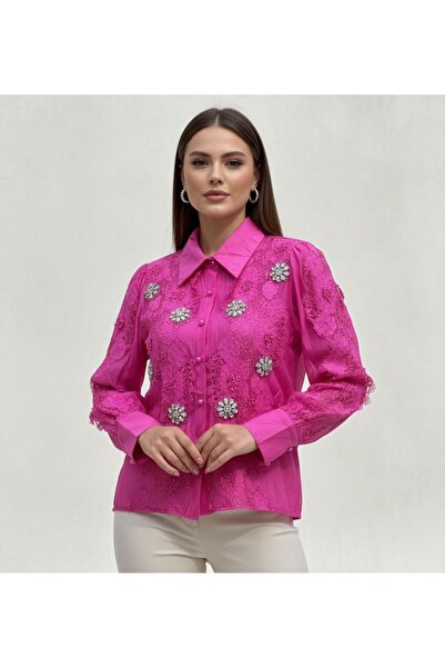 Rabiossa Women's Floral Lace and Brooch Detailed Shirt