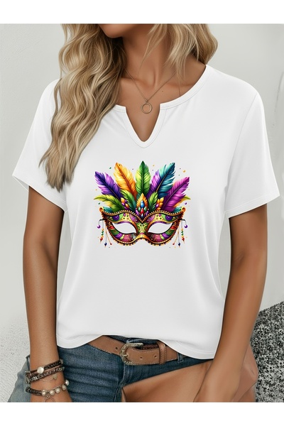 mercoledi Mardi Gras cu imprimeu pentru femei, cu mâneci pe jumătate cu decol...