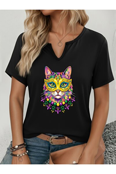 mercoledi Women's Mardi Gras Printed Half V-Neck Sleeves Regular Fit Casual T...