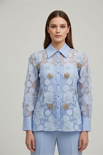 Rabiossa Women's Floral Lace and Brooch Detailed Shirt