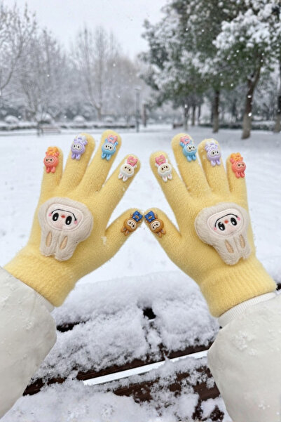 EliraToka LABUBU FİGÜRLÜ PARMAKLARI OYUNCAKLI LİKRALI ÖRME ELDİVEN 3-10 YAŞ A...