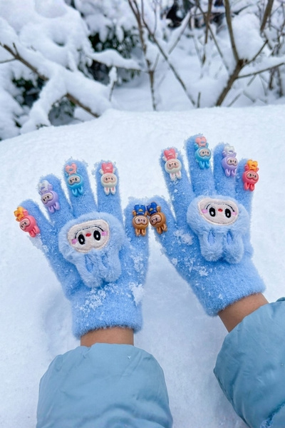 EliraToka LABUBU FİGÜRLÜ PARMAKLARI OYUNCAKLI LİKRALI ÖRME ELDİVEN 3-10 YAŞ A...