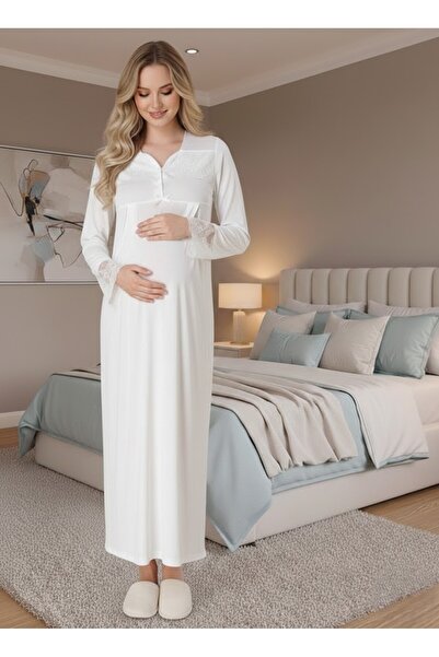 Lohussa Νέα σεζόν Εκρού Ολόσωμο Νυχτικό Εγκυμοσύνης με Δαντέλα και Λεπτομέρει...