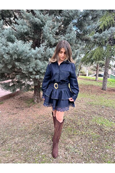 Dilara Güneş Butik DANTEL KEMER DETAYLI DENİM ELBİSE