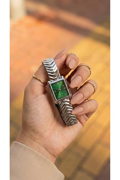 KLISHE Butik ساعة نسائية من الفولاذ بتصميم مستطيل عتيق، مينا خضراء، حزام أنيق...