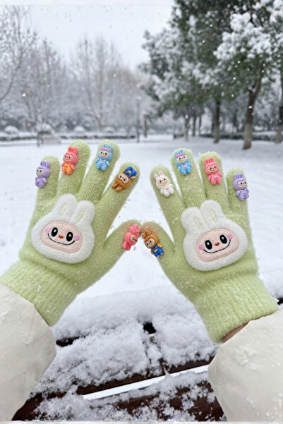 EliraToka LABUBU FİGÜRLÜ PARMAKLARI OYUNCAKLI LİKRALI ÖRME ELDİVEN 3-10 YAŞ A...