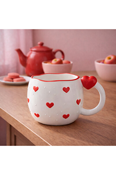 Çağ Seramik Kalp Kulp Kırmızı Kalp El Yapımı Seramik Kupa –Kulplu Kırmızı Kah...