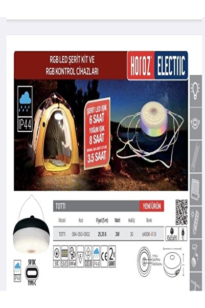 AKTEZ-EL Horoz Electric Totti USB Şarjlı RGB LED Şerit Işık Type-C IP44 Kamp ...