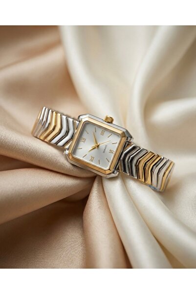 KLISHE Butik ساعة نسائية من الصلب بتصميم عتيق، هيكل مستطيل باللون الذهبي والف...
