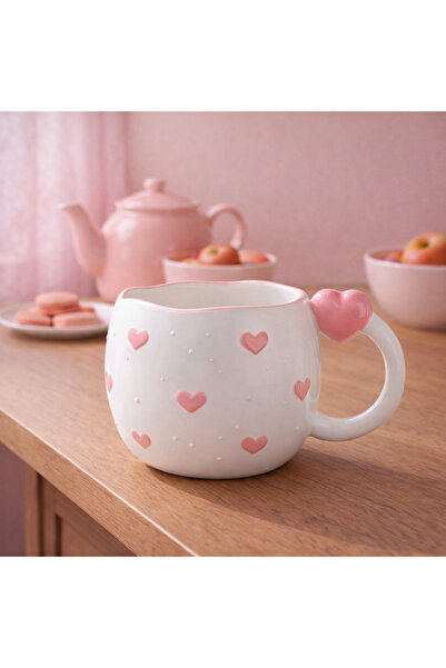 Çağ Seramik Kalp Kulp Pembe Kalpli El Yapımı Seramik Kupa –Kulplu Pembe Kahve...