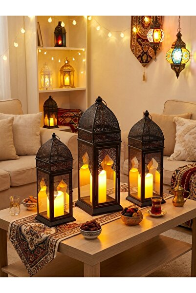 Living 3 Piece Lantern Set with Modern Eastern Design, Metal Filigree Decorat...