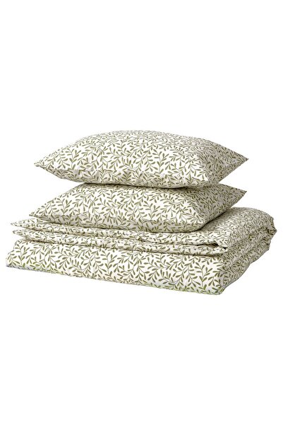 IKEA SORGMANTEL Duvet cover + 2 pillowcases, white/green, 200 x 200/50 x 60 cm