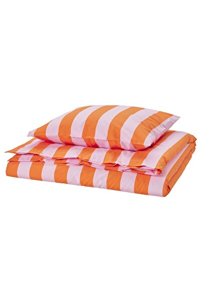 IKEA SLÅNHÖSTMAL Duvet cover + pillowcase, orange/pink/striped, 150 x 200/50 ...