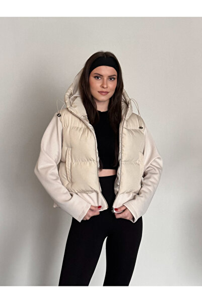 FERZOLAİO Fabric Sleeve Hooded Stone Inflatable Coat