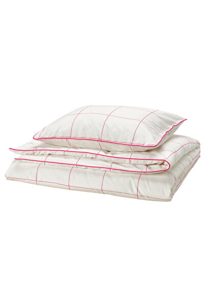 IKEA BREDVECKLARE Husă pilotă + față de pernă, alb roz/carouri, 150 x 200/50 ...