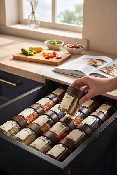 Paşabahçe 6'lı Akasya Kapaklı Yuvarlak Cam Baharatlık Takımı 240 ml baharatlı...