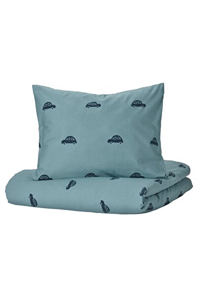 IKEA BARNDRÖM Husă pilotă + față de pernă, model de mașină/albastru, 150 x 20...