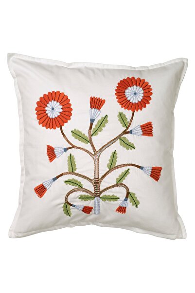 IKEA FACELIOR Pillow Cover, White/Dark Orange Embroidery, 50 x 50 cm