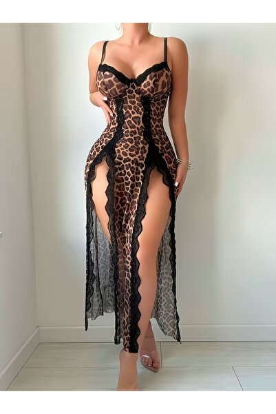 GENERAL Women's leopard print mesh lace patchwork slit nightgown slip dress t...