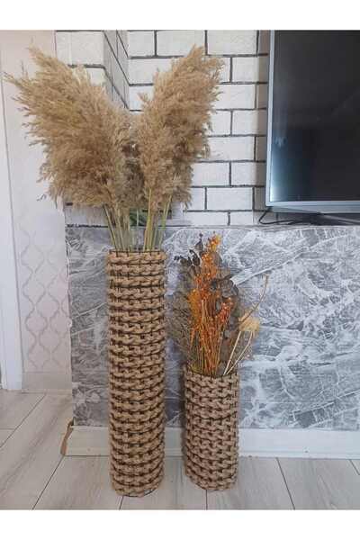 zelmur Dekoratif jüt hasır örgü haki metal tam örgü 2li set 60 30cm