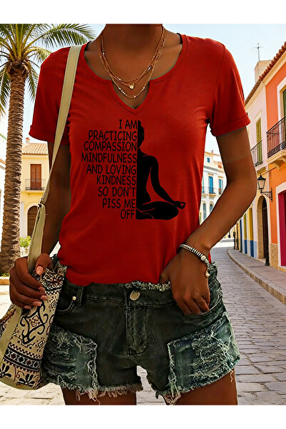 mercoledi Women's Yoga Printed Half V-Neck Sleeves Regular Fit Comfortable T-...