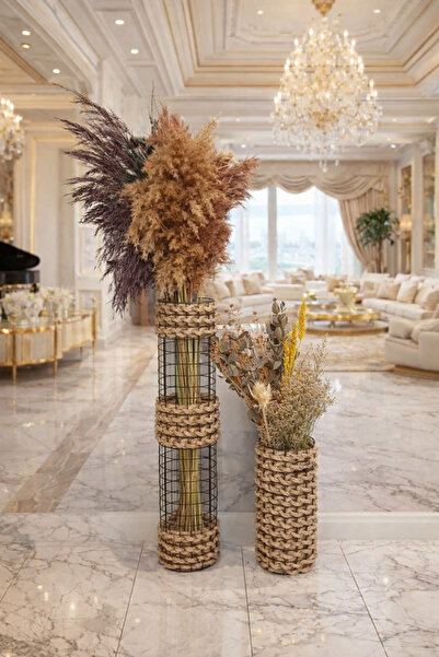 zelmur Dekoratif jüt hasır örgü haki meral pampas vazo 2li set 50 ve 30 cm