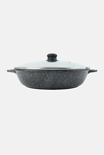 YOTO Cast Aluminium Shallow Casserole With Glass Lid 32 cm, Black