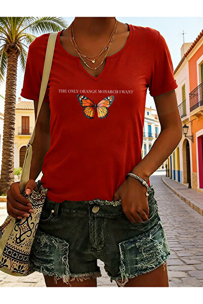 mercoledi Women's Butterfly Printed Half V-Neck Sleeves Regular Fit Comfortab...