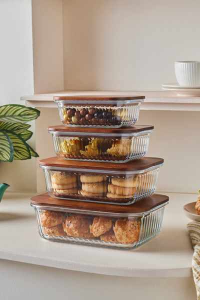 Karaca Massi Acacia 4-Piece 8-Piece Vacuum Lid Glass Storage Container Set