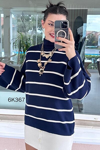 İnce Topuk Turtleneck Striped Knitwear Blouse 6K367