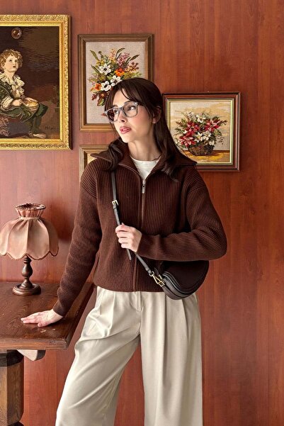 Ceylan Otantik Bitter Brown Zippered Knitwear Cardigan