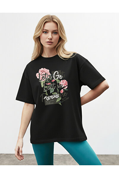 caddekombin Roz Trandafiriu pentru femei cu imprimeu guler rotund Negru tricou