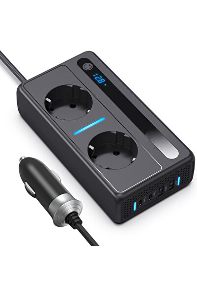 Dasbo Invertor auto 12/24 V, tensiune de ieșire 220V, putere 200W, 2 prize UE...