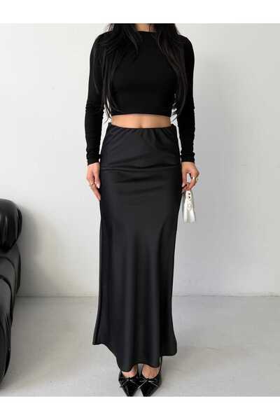 Moda İkra Satin Fabric Elastic Waist Long Skirt Shiny and Smooth