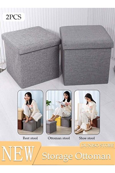 DOMEET 2 pack Linen Folding Storage Stool with Lid Storage Ottoman Cube Footr...