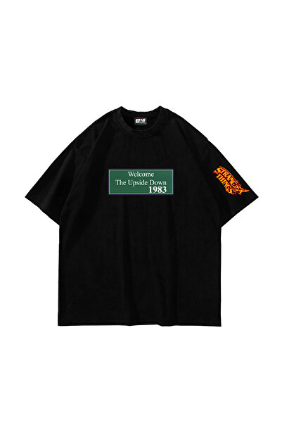 Bak Moda تي شيرت أسود للجنسين من Upside Down مطبوع قصة فضفاضة