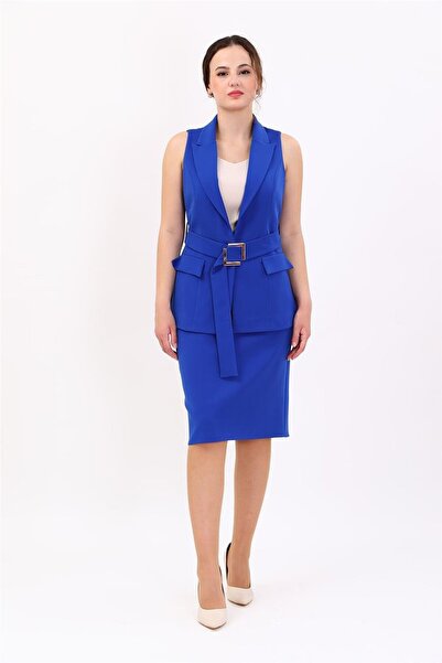 ÖNDER ÖZSOY Men's Collared Belted Slit Vest & Short Pencil Skirt Women's Suit...