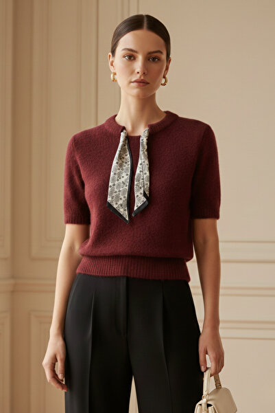 Ulino Pulover cu mânecă scurtă, cu model Paisley și eșarfă