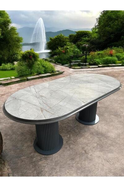 Kayı mobilya Lagina Kahve Çizgi Detaylı Gri Yemek, Salon Masası Masa Kenarlar...