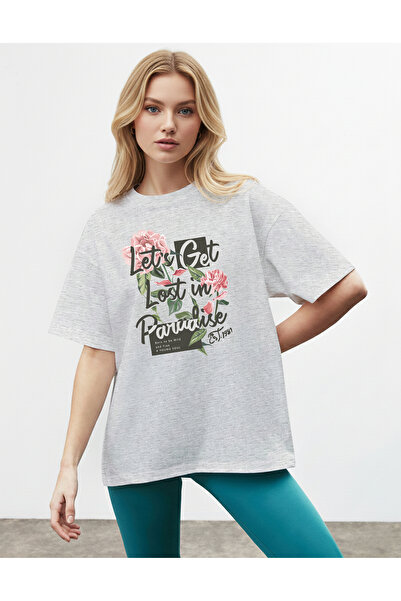 caddekombin Roz trandafiriu pentru femei cu imprimeu guler rotund Gri tricou