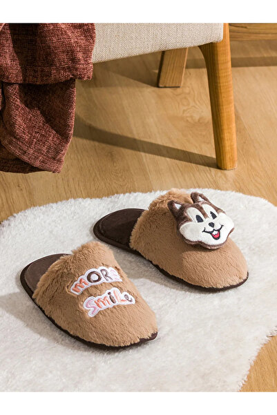 LC Waikiki Lcw Steps Brown Embroidered Plush Women's House Slippers