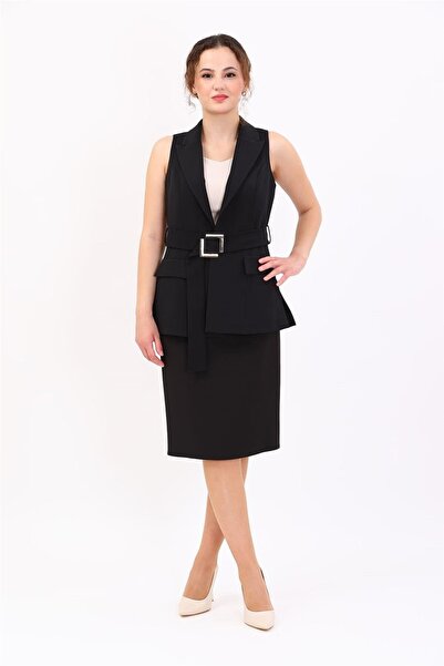 ÖNDER ÖZSOY Men's Lapel Belted Slit Vest & Short Pencil Skirt Women's Suit-Black