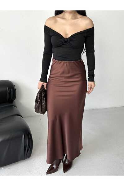 Moda İkra Satin Fabric Elastic Waist Long Skirt Shiny and Smooth