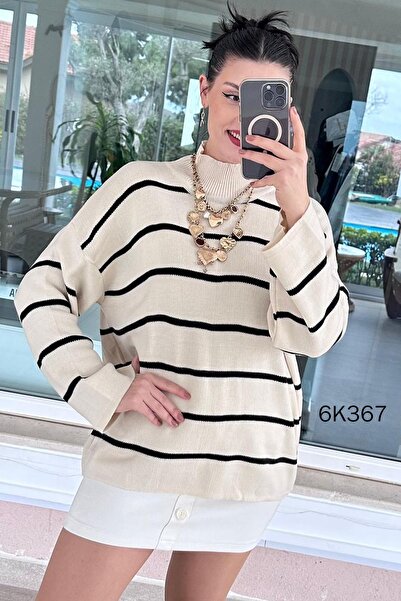 İnce Topuk Turtleneck Striped Knitwear Blouse 6K367
