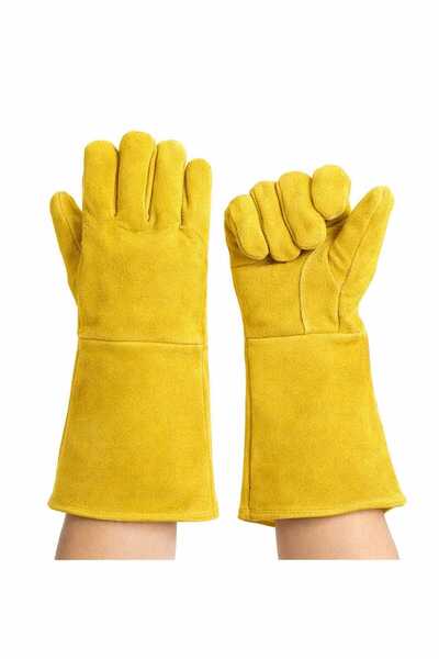 GARFİX Kaynakçı Eldiveni Sarı Deri Isıya Dayanıklı Uzun Manşet İş Eldiveni (1...