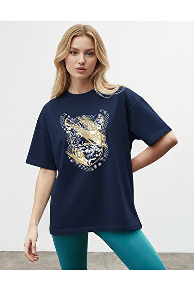 caddekombin Γυναικείο μπλουζάκι Leopard Dotted Graphic με τύπωμα Basic Navy Blue