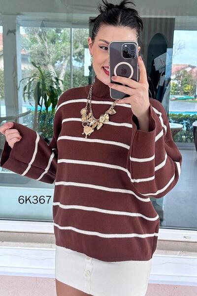 İnce Topuk Turtleneck Striped Knitwear Blouse 6K367