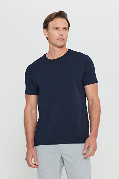 ALTINYILDIZ CLASSICS Men's Navy Blue 360-Degree Stretchable Slim Fit Crew Nec...