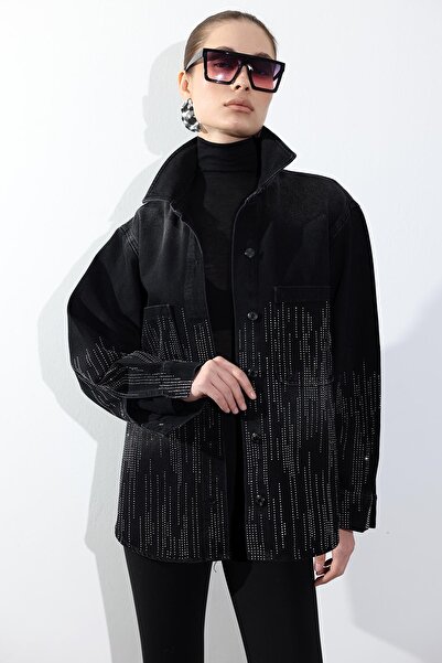 5in1Canpolat Jachetă din denim cu aplicații de piatră afumată 5103