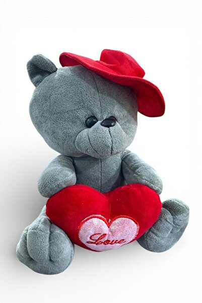 GÜZELYÜZ AVM Kalp Tutan Şapkalı Peluş Ayıcık 30cm Gri Renk Sevgililer Günü Yı...